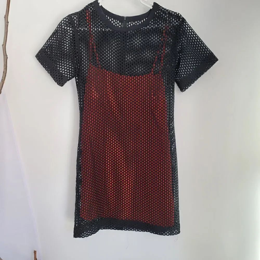 Sandra Paris mesh black tshirt dress orange slip dress liner